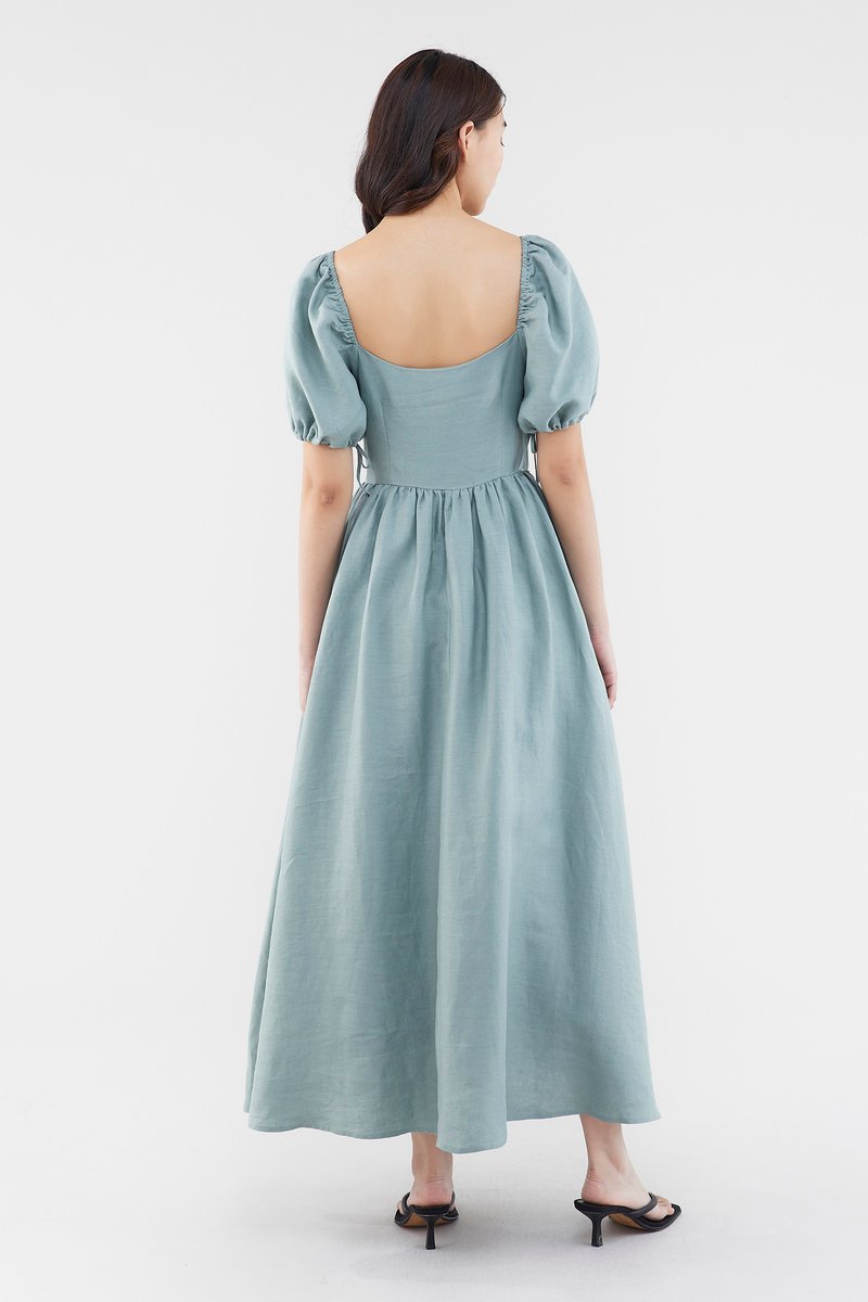 Kaelyn Linen Puff-Sleeve Dress